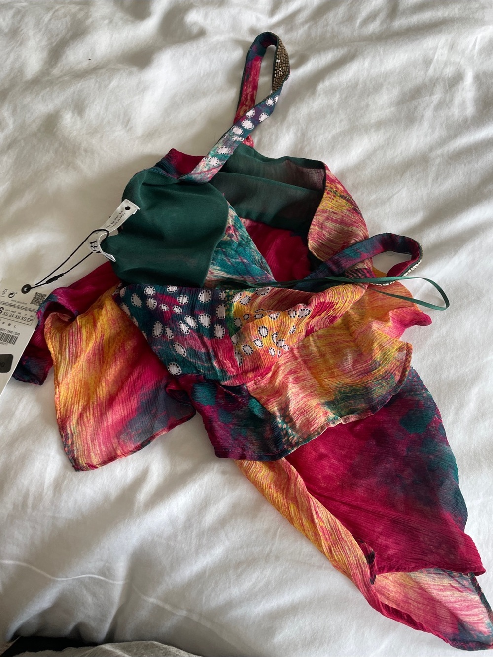 Boho Floral Ruffle Cami Top - Multicolor, Beaded Gold Straps - Picture 4 of 6